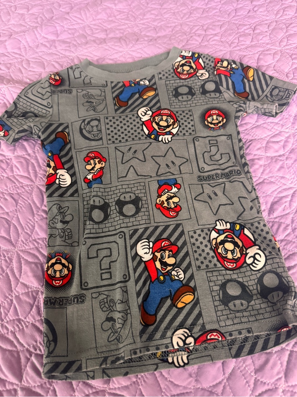 Nintendo Gray Super Mario Short Sleeve Tee with Red & Blue Accents